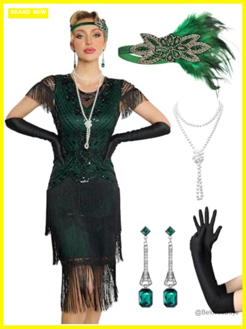 Sequin Flapper Dress with Sheer Sleeves and Fringe, 1920s Costume